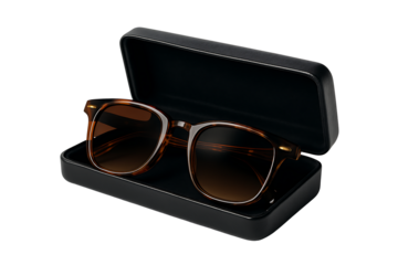 Sunglasses in black case isolated on transparent background