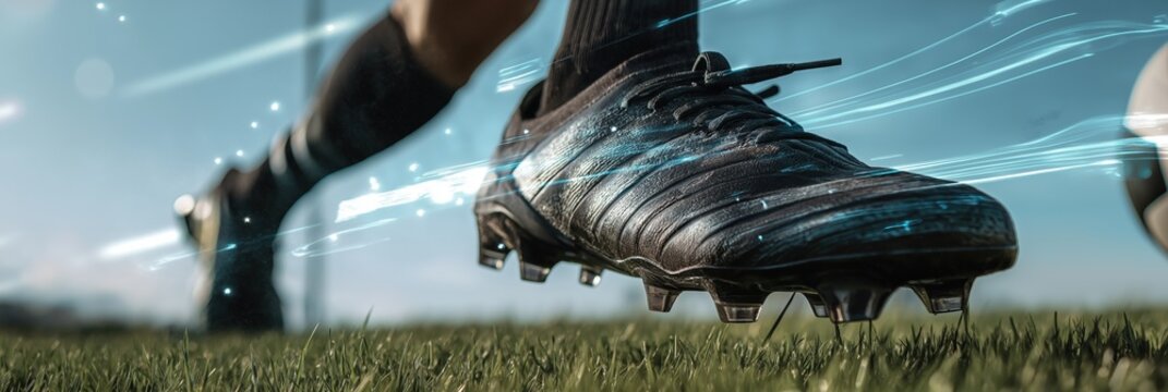 Dynamic soccer player's foots in black cleat on green grass field. Blue light trails and glowing particles symbolize speed, energy, and advanced performance in sport - Powered by Adobe