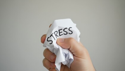 Hand intensely crushing crumpled paper with the word stress written, symbolizing pressure, frustration, and the need to relieve anxiety and mental strain from demanding situations like tax season