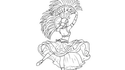 Fototapeta premium Delicate line illustration of a performer with an ornate feathered headdress in graceful pose.