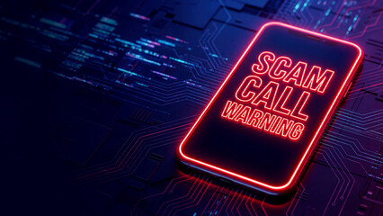 Phone screen alerts of scam call warning amidst circuit board themed digital backdrop