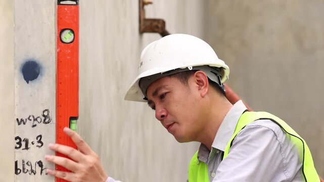 measurement horizontal deviation of construction. Balance Bubble level ruler, Tools equipment building and engineering. Civil engineer Asian man in safety hard hat helmet working at construction site