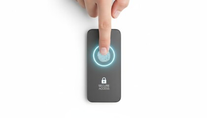 Hand pressing finger on smartphone screen with glowing fingerprint scanner, highlighting biometric security technology for digital authorization and data access