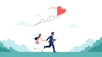 Couple running together with heart-shaped balloon for valentine's day  