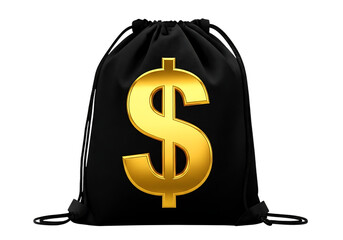 Golden dollar sign on black drawstring bag isolated on transparent background
