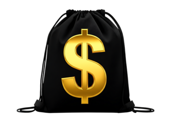 Golden dollar sign on black drawstring bag isolated on transparent background