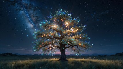 ゲーム背景　地平線の見える草原の夜空の光をともした伝説の大樹