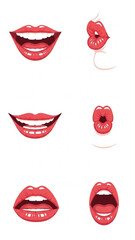 Various expressions of red lips in different positions and shapes  