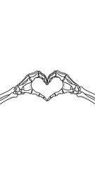 Skeleton hands forming a heart shape in black and white illustration  