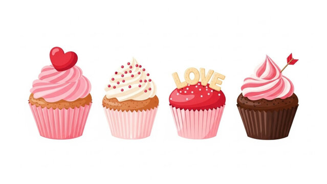 Four colorful cupcakes decorated for the concept of valentine's day  