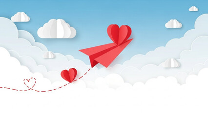 Red paper airplane flying among clouds with heart shapes in sky - Concept of valentine's day  