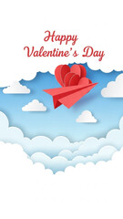 Red paper airplane flying among fluffy clouds on Valentine's Day  