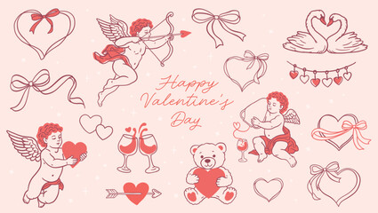 Doodle hand drawn Love and Valentine&rsquo;s Day decorative elements with cupid, hearts, bows and champagne glasses, coquette vintage romantic illustration set on pastel pink background for wedding invitati