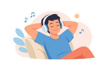 Fototapeta premium Man listening to music with headphones on a couch