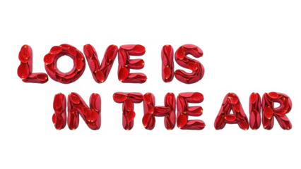 Love is in the air text composed of vibrant red flower petals on a black background isolated on transparent background