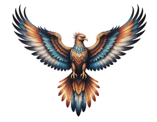 Obraz premium Colorful stylized phoenix with outstretched wings and fiery plumage in mid-flight