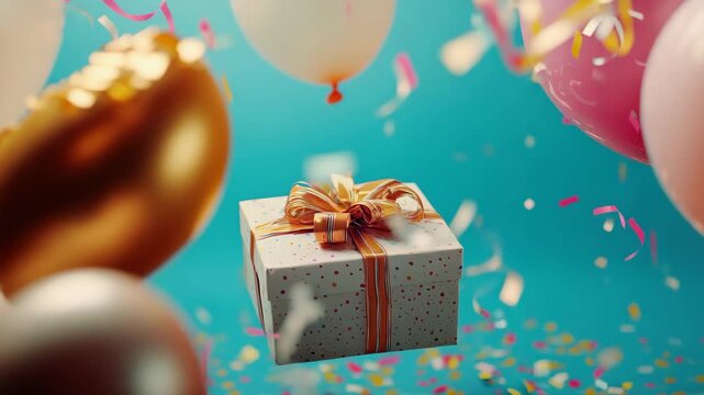 A large gift box with a bow on it surrounded by multi-colored confetti and colorful streamers.