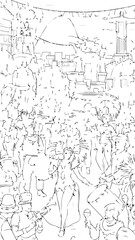 Fototapeta premium Crowded street scene filled with numerous people in lineart style.