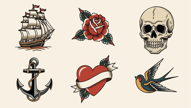 A collection of traditional tattoo motifs including a sailing ship rose skull anchor heart and swallow