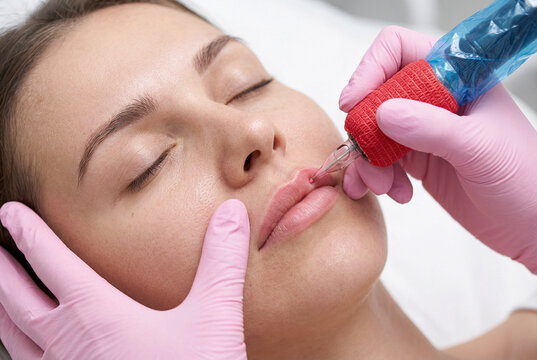 Woman receiving permanent lip makeup micropigmentation procedure in beauty salon