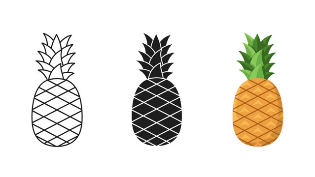 Three pineapples in black and white and color on white background