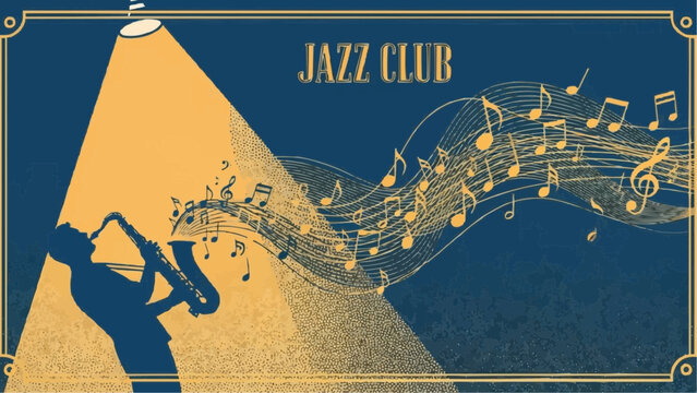 A vintage jazz club poster featuring a saxophone player illuminated by a spotlight with musical notes swirling around
