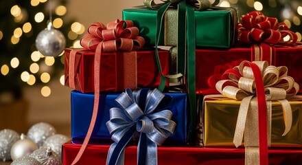 Christmas Gifts Wrapped with Ribbons and Bows.