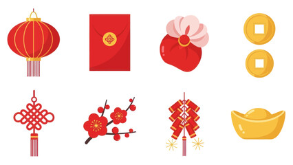 Chinese New Year Icons: Lantern, Red Envelope, Lucky Charm, Firecrackers, Gold