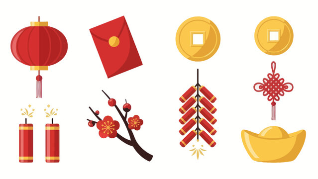 Chinese New Year Decorations: Lantern, Red Envelope, Coins, Firecrackers, Plum Blossom, Knot, Gold Ingot