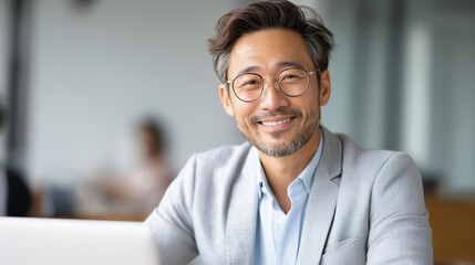 Obraz premium Faceless business man laptop and smile of Asian worker in creative office for digital marketing management and copywriting for social media, portrait of entrepreneur at desk, defoc