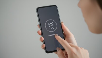 Woman using a smartphone for biometric identification access, scanning her face for secure unlocking, highlighting modern technology and personal data protection