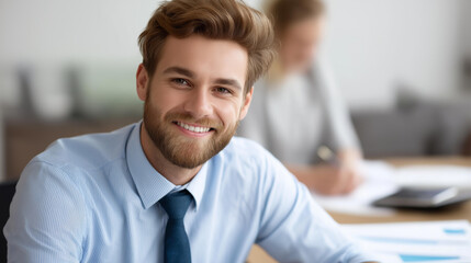 Fototapeta premium Faceless portrait of young businessman in shirt smiling and looking at camera at workplace inside office, accountant with calculator behind paperwork signing contracts, defocused f