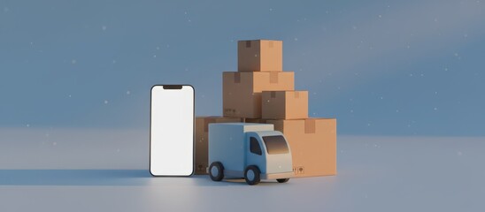 Smartphone displaying a blank screen next to a small delivery truck and a stack of cardboard boxes, representing e commerce, global shipping, and package distribution