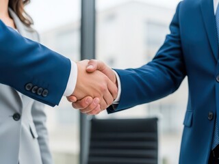 Business partners shaking hands in office setting