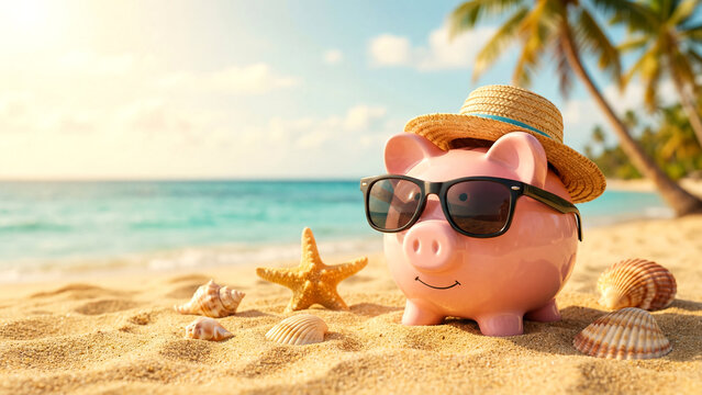 Piggy bank wearing sunglasses hat at beach. Saving for vacation travel concept.