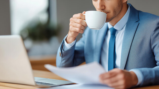 Faceless working from office man reviewing documents while drinking coffee and using laptop, multitasking professional, workplace productivity, business document review, defocused