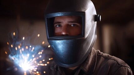 A welder in a protective mask looks intently as bright sparks fly from an arc welding process in a dark workshop