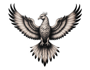 Fototapeta premium Majestic stylized eagle with outstretched wings, monochrome ink drawing with detailed feather textures