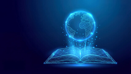 Global Knowledge Open Book with World Globe Concept in Digital Low Poly Style Illustration