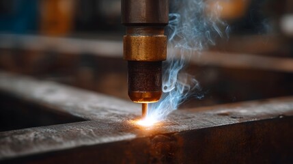 Precision plasma torch cutting through steel creating intense heat sparks and blue smoke in an industrial workshop