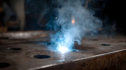 Intense welding arc creates sparks and blue smoke over a metallic surface in an industrial workshop