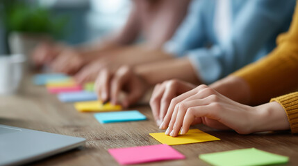 Faceless closeup view of several hands collaboratively working on project with colorful sticky notes papers and digital devices on wooden table, team planning, defocused hands, wit