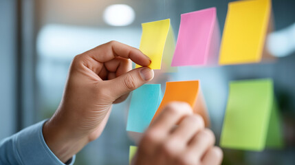 Faceless professional's hands arranging colorful sticky notes on glass wall for project management and brainstorming in modern office, task organization, defocused hands, with copy
