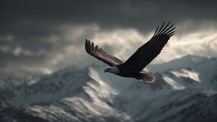 A bald eagle soaring high above snow-capped mountains, wings fully spread, dramatic cloudy sky