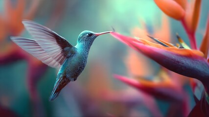 A hummingbird hovering near a bright flower, wings frozen in motion, soft blurred background