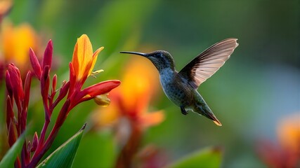 A hummingbird hovering near a bright tropical flower, wings frozen in motion, soft blurred background, macro wildlife style