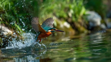 A vibrant kingfisher diving into a clear river to catch a fish, water splash frozen mid-air, lush green riverbank, ultra-sharp wildlife photography