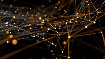 Abstract glowing digital network with golden light nodes and flowing connection lines forming a futuristic technology and data background - Powered by Adobe