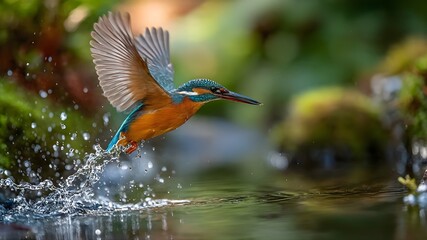 A vibrant kingfisher diving into a clear river, water splash frozen mid-air, lush green riverbank, natural daylight, wildlife photography