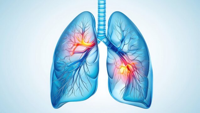 Anatomical illustration of human lungs with trachea and bronchi highlighted